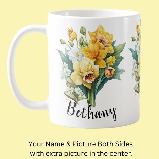 Mug Ajouter un nom ou texte, jonquilles jaunes avec fe