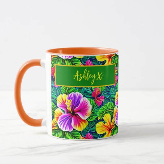 Mug Ajouter un nom Texte Hibiscus tropical Feuille de (Gauche)