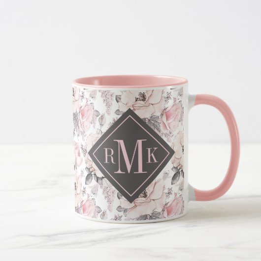 Mug Ajouter votre monogramme| Motif rose et gris class (Droite)