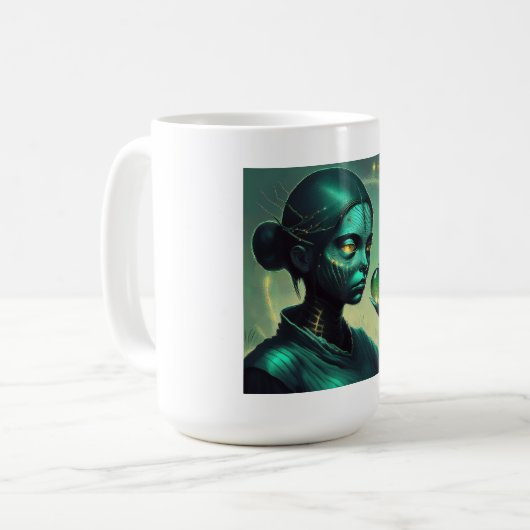 Mug Alien Lady détient un objet en verre transparent (Devant gauche)
