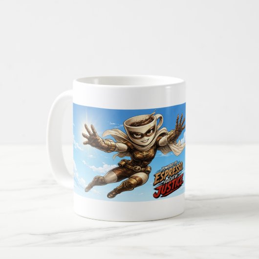 Mug Alimenté par l'espresso. Propulsé par la justice. (Devant gauche)