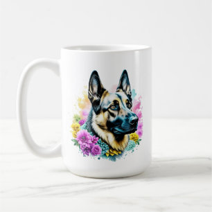 Mug Allemand berger Maman Fleurs roses et jaunes