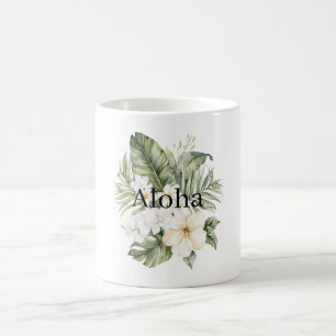 Mug Aloha Feuilles Vertes Tropicales Hibiscus Blancs O