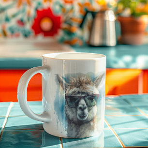 Mug alpaga blanc mignon portant lunettes de soleil