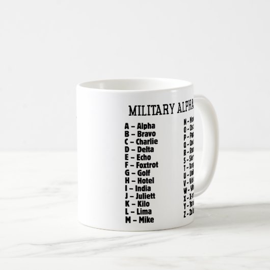 Mug Alphabet militaire Code phonétique, Alpha Bravo... (Devant droit)