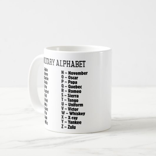 Mug Alphabet militaire Code phonétique, Alpha Bravo... (Devant gauche)