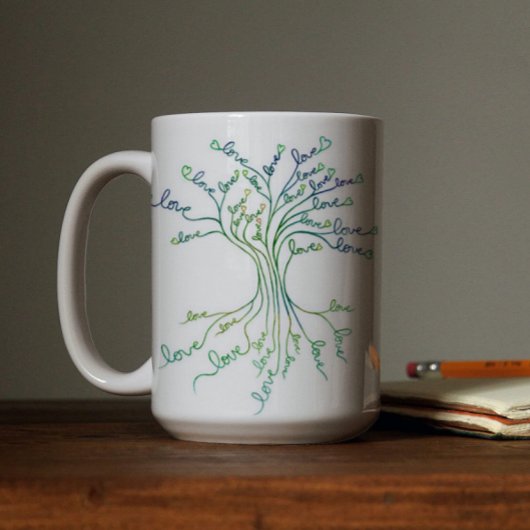 Mug Amour Arbre de Vie Art Blanc Turquoise Coeurs Bleu