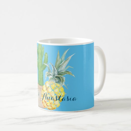 Mug Amour moderne Ananas bleu et oreiller à lancer Cac (Devant droit)