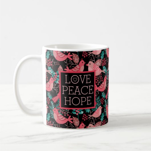 Mug Amour Paix Espoir Noël hiver Berries rouges Oiseau (Gauche)
