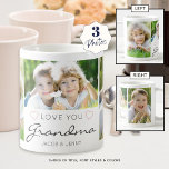 Mug AMOUR PERSONNALISÉ VOUS GRANDMA manuscrit 3 Photo<br><div class="desc">Créez une tasse photo de keepsaké pour une grand-mère avec 3 photos et intitulé LOVE YOU GRANDMA dans script manuscrit moderne accentué avec le coeur avec les noms de ses petits-enfants ou votre message personnalisé dans votre choix de couleurs (montré avec le texte gris et les coeurs roses sur un...</div>