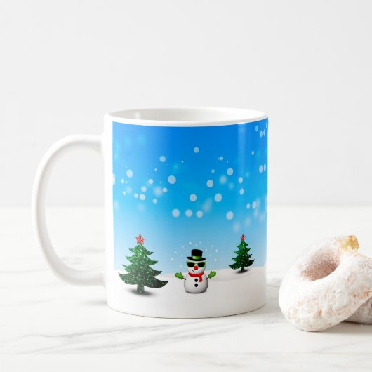 Mug Amusement cool Snowman Sparkly Noël Arbres bleus (Avec donut)