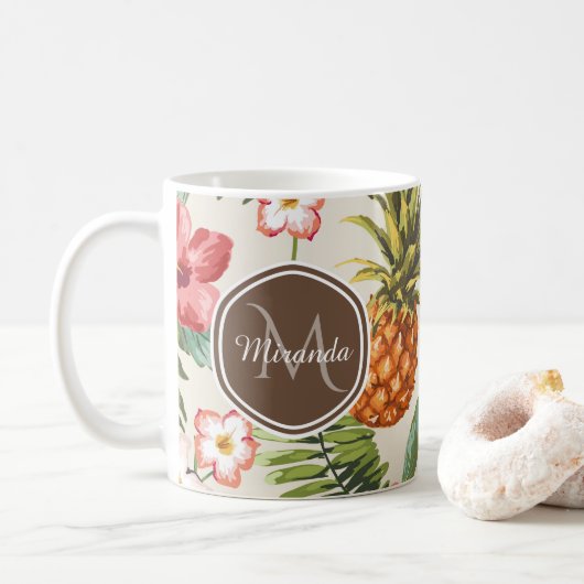 Mug Ananas tropicale exotique Floral Monogramme Brown (Avec donut)