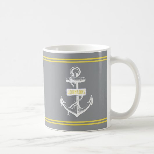Mug Ancrage vintage et rayures gris, jaune nautique (Droite)