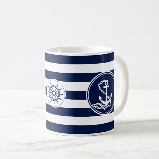 Mug Ancre, Bleu Roue Du Navire Et Blancs (Devant droit)