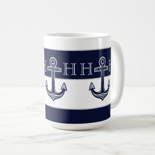 Mug Ancre bleue marine Monogramme côtier (Devant droit)