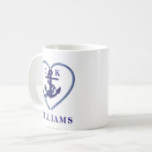 Mug Ancre cardiaque marine nautique Mariage Monogramme (Devant gauche)