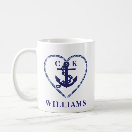 Mug Ancre cardiaque marine nautique Mariage Monogramme (Gauche)