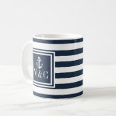 Mug Ancre de bateau nautique Monogram Navy Blue Stripe (Devant gauche)