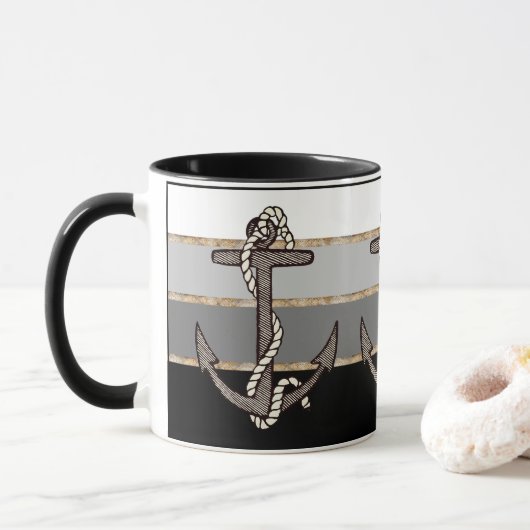 Mug Ancre et corde nautiques (dégradé noir) (Avec donut)