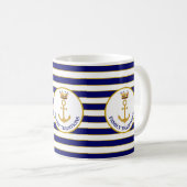 Mug Ancre familiale et couronne sur Bleu & Blanc rayé (Devant droit)