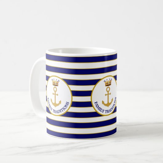 Mug Ancre familiale et couronne sur Bleu & Blanc rayé (Devant gauche)