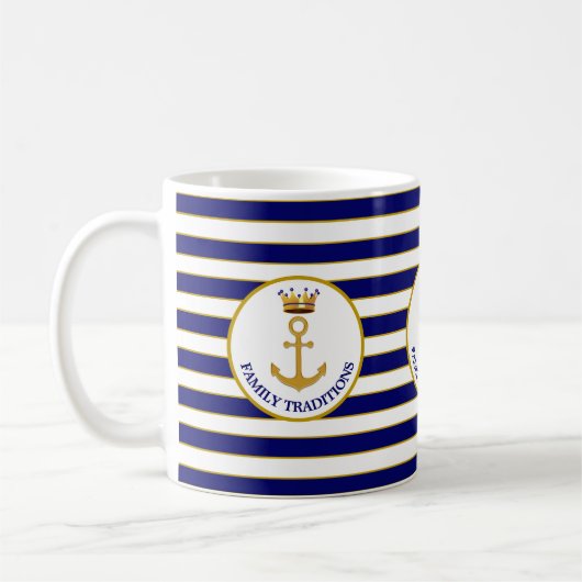 Mug Ancre familiale et couronne sur Bleu & Blanc rayé (Gauche)