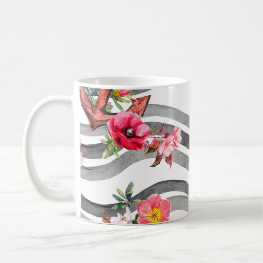 Mug Ancre, fleurs et vagues. Motif sans faille (Gauche)