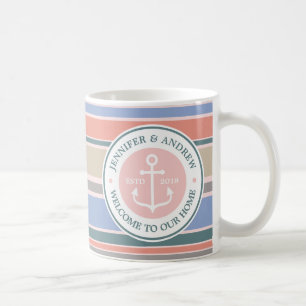 Mug Ancre Monogram Trendy Stripes Rose Nautical Plage