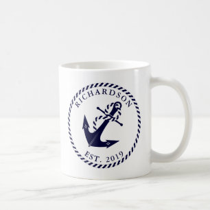Mug Ancre nautique Bleu et blanc Personnalisé