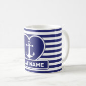 Mug Ancre nautique Coeur Design Bleu Blancs Blancs (Devant droit)