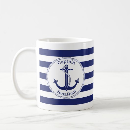 Mug Ancre nautique Marine Bleu Capitaine Personnalisé (Gauche)