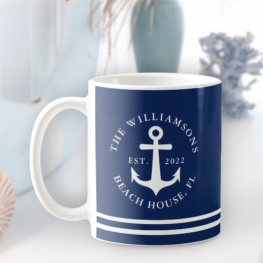 Mug Ancre nautique Marine Blue Beach Maison Nom de fam