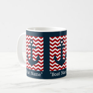 Mug Ancre nautique Rouge Blanc Bleu Nom du bateau Text