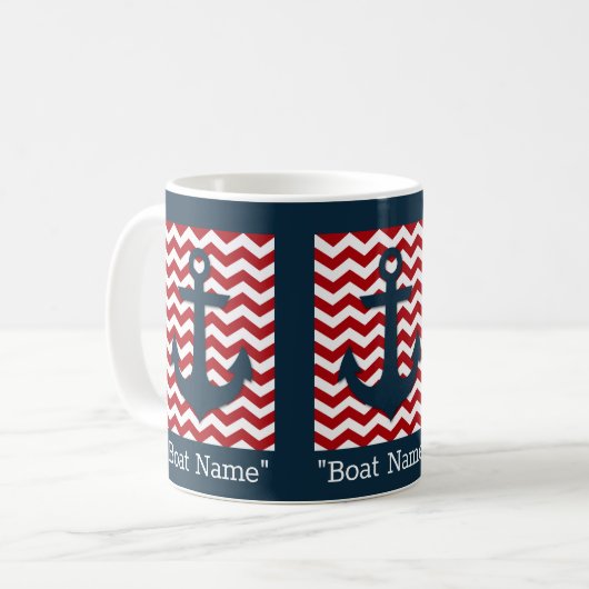 Mug Ancre nautique Rouge Blanc Bleu Nom du bateau Text (Devant gauche)