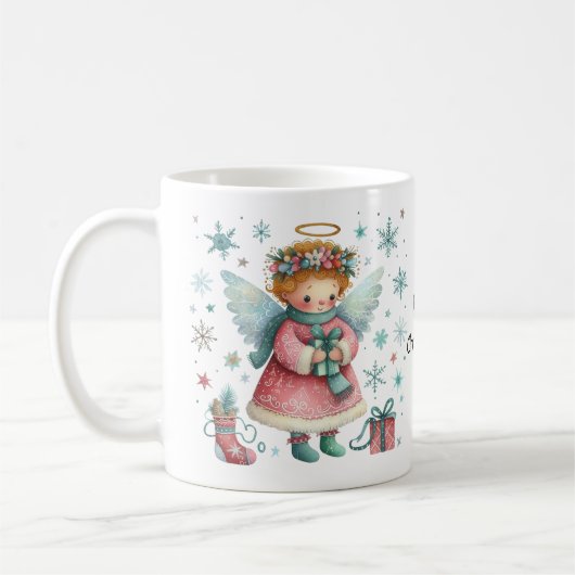 Mug Ange de Noël blanc rose et bleu (Gauche)