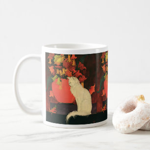 Mug Animaux Vintage, Élégant Chat Blanc, Fleurs d'Auto