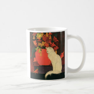 Mug Animaux Vintage, Élégant Chat Blanc, Fleurs d'Auto