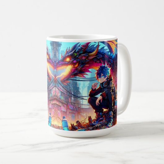 Mug Anime Boy et Dragon dans un monde dystopique (Devant droit)