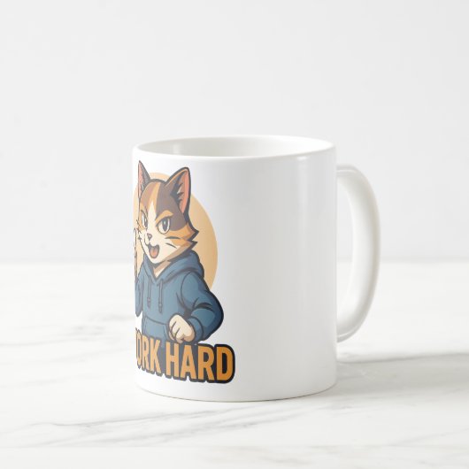 Mug Anime Cat - WORK HARD Motivational Japanese style (Devant droit)
