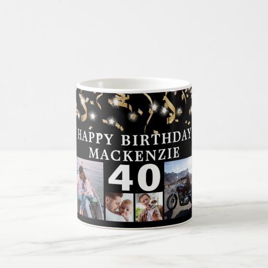 Mug Anniversaire 10 Photo Black Gold Confetti Lumières (Centre)