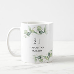 Mug Anniversaire 21 ans Monogramme de feuillage d'euca