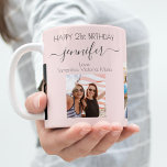 Mug Anniversaire amis blush photos noms<br><div class="desc">Un cadeau d'amis pour le 21e anniversaire d'une femme, célébrant sa vie avec 3 de vos photos d'elle, de ses amis, de sa famille, de son intérêt ou des animaux de compagnie. Personnalisez et ajoutez son nom, son âge de 21 ans et vos noms. Lettres de couleur noire. Arrière -...</div>