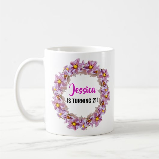 Mug Anniversaire des 21 ans rose, violet et bleu (Gauche)