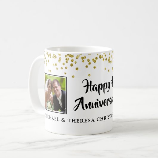 Mug Anniversaire moderne 2 Photos Gold Confetti Noms (Devant gauche)