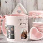 Mug Anniversaire personnalisé photo amis blush rose ch<br><div class="desc">Un cadeau d'amis pour le 21e anniversaire d'une femme, célébrant sa vie avec 3 de vos photos d'elle, de ses amis, de sa famille, de son intérêt ou des animaux de compagnie. Personnalisez et ajoutez son nom, son âge de 21 ans et vos noms. Lettres de couleur noire. Arrière -...</div>