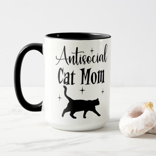 Mug Antisocial Cat Mom Black Cat Stars Funny Sarcastic (Avec donut)