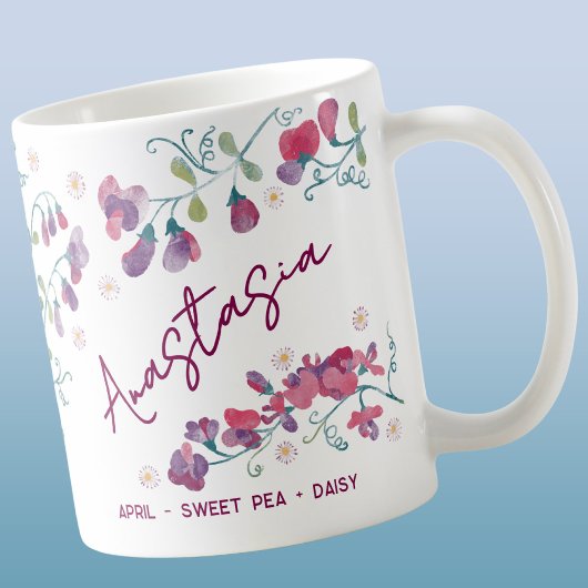Mug April Birth Flower Custom Name Sweet Pea Daisy