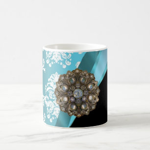 Mug Aqua & damas blanc avec gemme de faux cristal