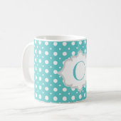 Mug Aqua moderne, pois blanc motif monogramme (Devant gauche)