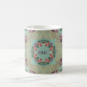 Mug Aqua Purple Rose Floral Faux Lampas Brocade